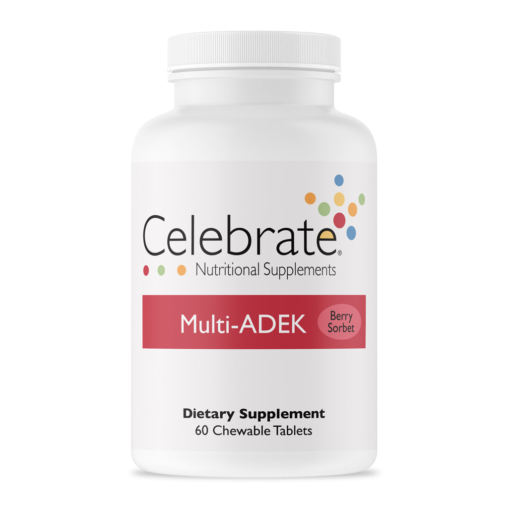 Celebrate Vitamins Multi-ADEK vitamin chewables, iron free, berry, 60 count - bottle on white background