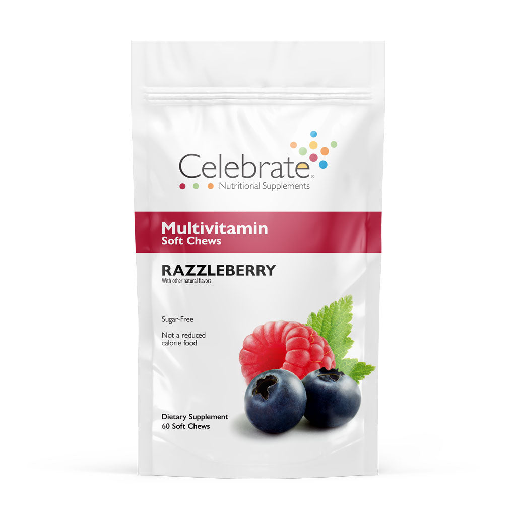 Celebrate Vitamins bariatric multivitamin soft chews, razzleberry, 60 count- multivitamin chews pouch on white background