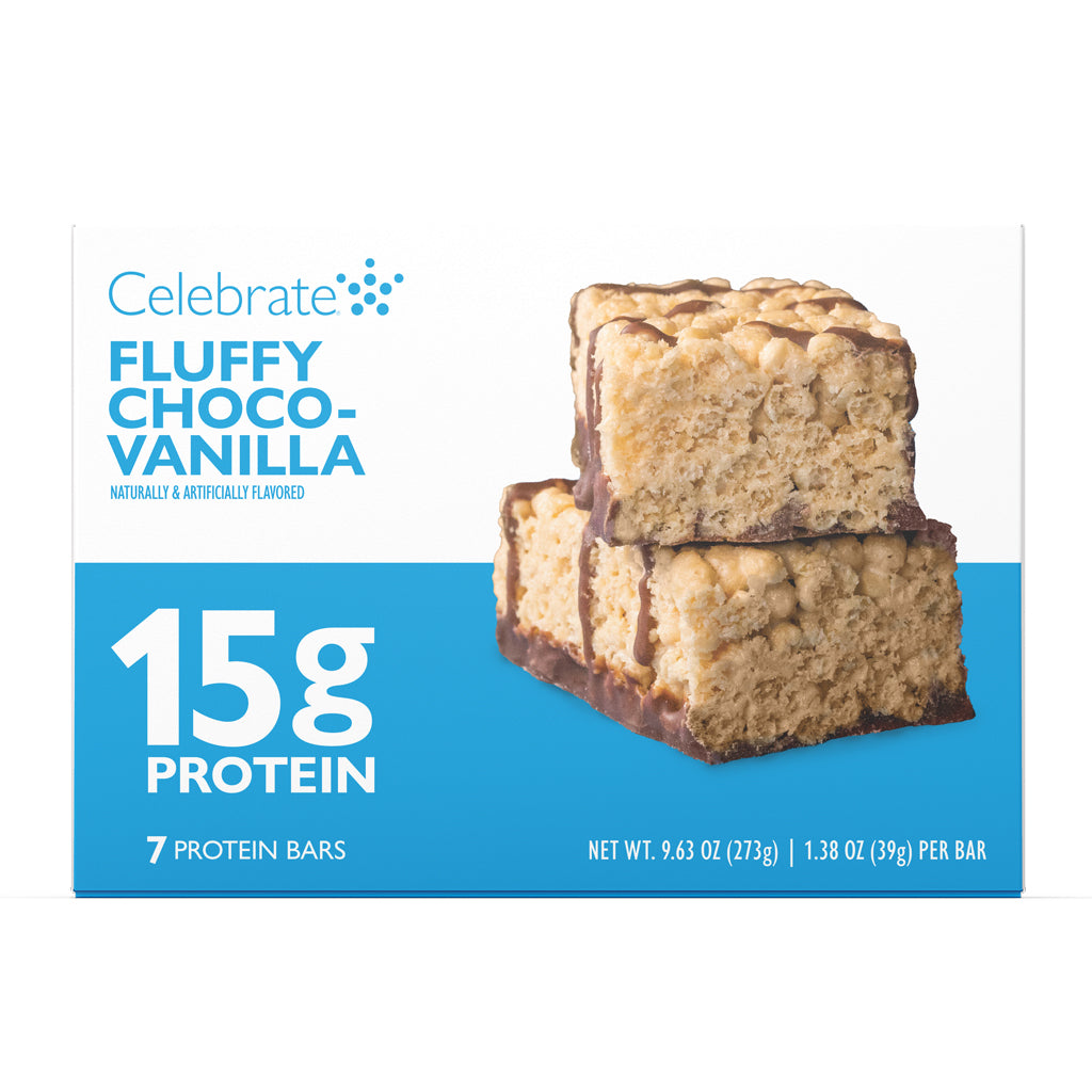 Celebrate Vitamins Fluffy Choco-Vanilla Crisp bariatric protein bars with 15g protein, 7 count package