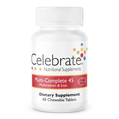 Celebrate Vitamins Multi-Complete 45 bariatric multivitamin with iron chewables, Forest berry flavor bottle