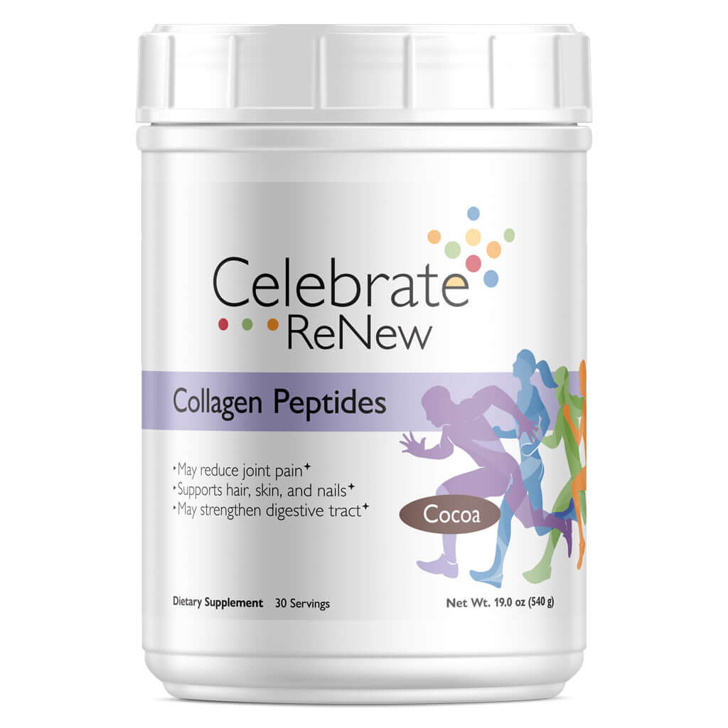 Photograph of Celebrate's hydrolyzed collagen peptides powder in cocoa flavor in a 30 serving tub