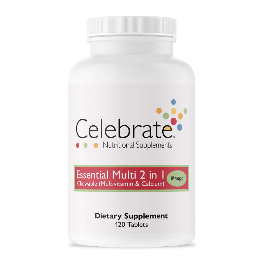 Photograph of Celebrate's essential multi 2 in 1 chewable multivitamin in mango flavor in a 120 count bottle
