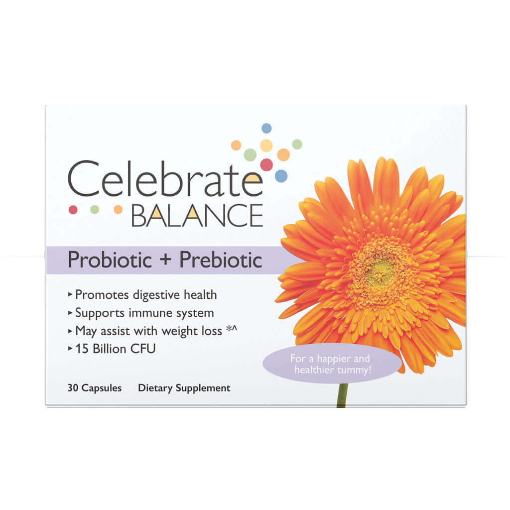 Photograph of Celebrate's balance probiotic capsules in in a 30 count package