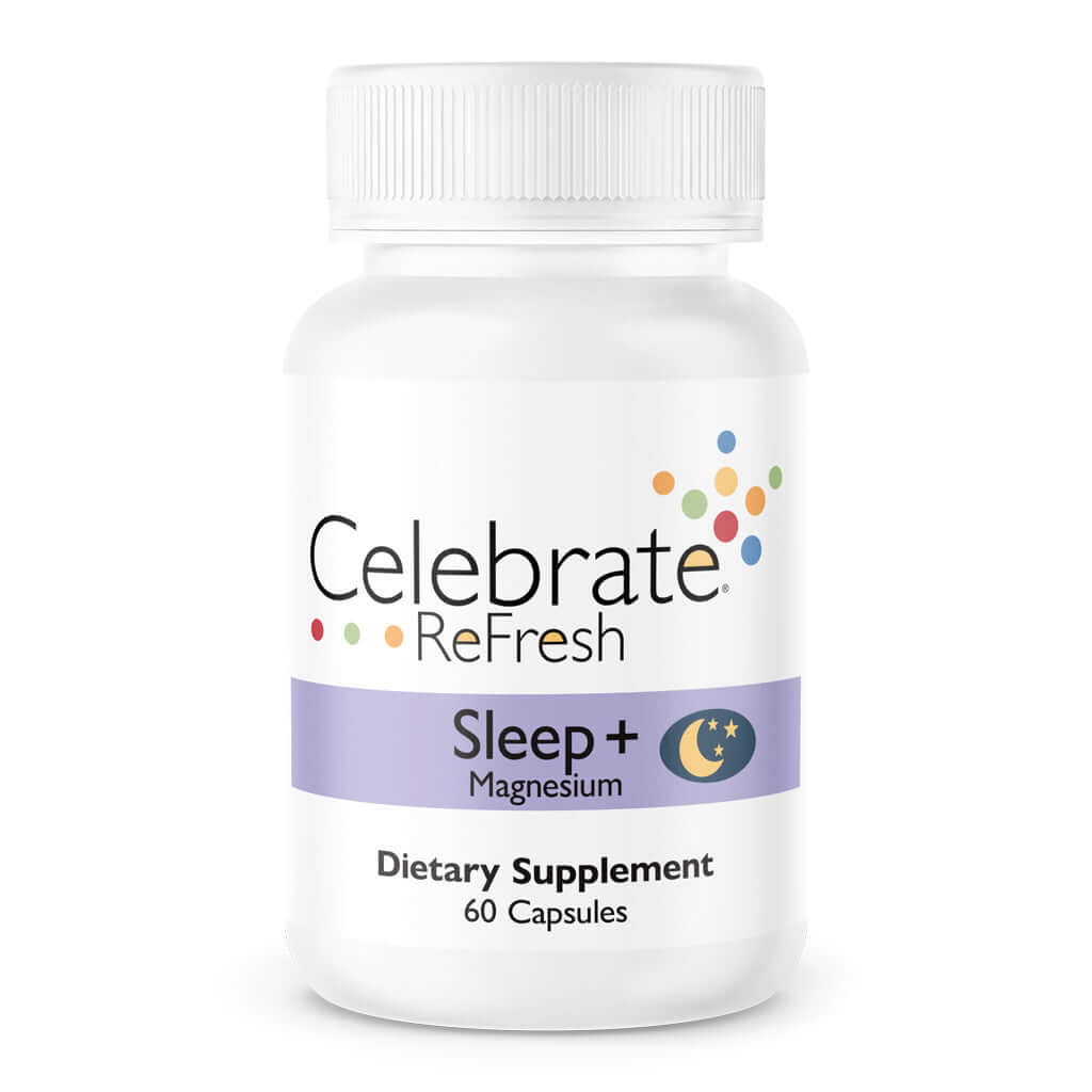 Photograph of Celebrate's magnesium bisglycinate sleep capsules in a 60 count package