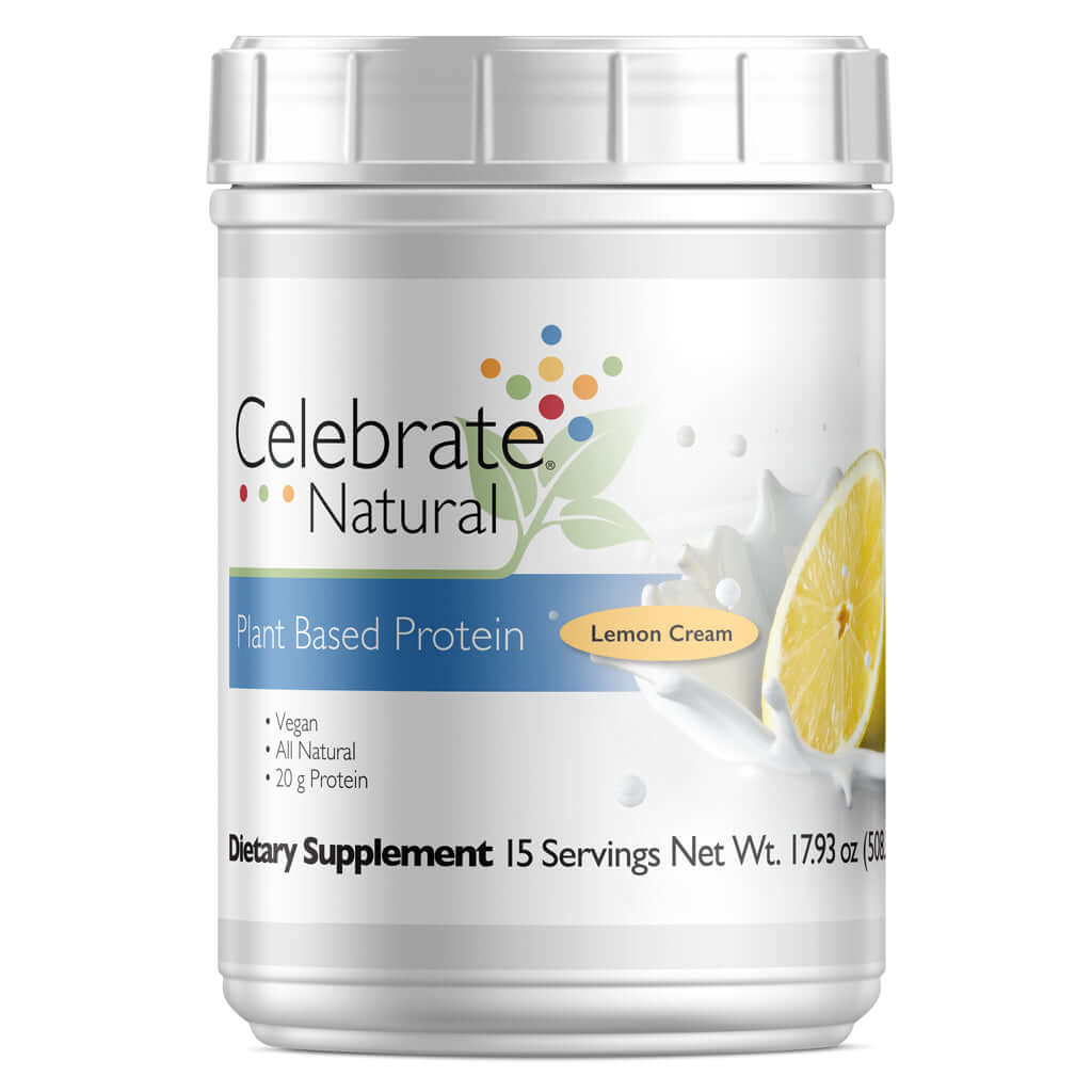 Photograph of Celebrate's vegan protein powder in Lemon Cream flavor in a 15 serving tub
