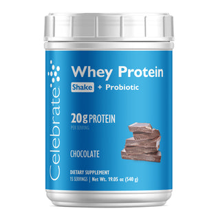 Celebrate Whey Protein Shake + Probiotic container with blue label and white cap on a white background