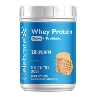 Celebrate Whey Protein Shake + Probiotic container with blue label and peanut butter cookie illustration on a white background.