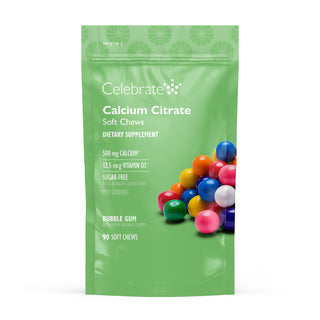 Green package of Celebrate Calcium Citrate Soft Chews with colorful gummy bears on a white background