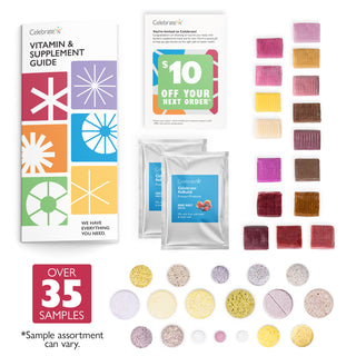 Vitamin supplement guide, discount offer, and sample packets on a white background