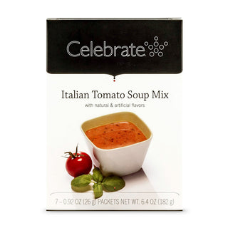 Box of Celebrate Italian Tomato Soup Mix with a bowl of soup and tomatoes on a white background