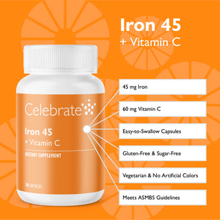 Celebrate Iron 45 + Vitamin C dietary supplement bottle on an orange background with product details.