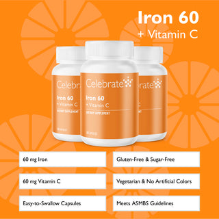 Three bottles of Celebrate Iron 45 + Vitamin C supplement on an orange background with product details.