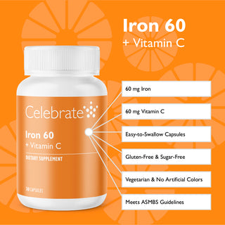 Celebrate Iron 60 + Vitamin C dietary supplement bottle on an orange background with product details.