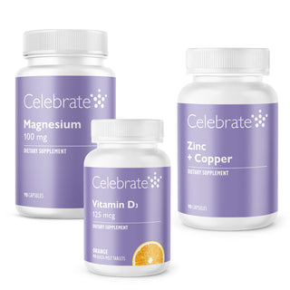 Three bottles of Celebrate dietary supplements on a white background