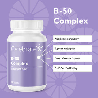 Celebrate Vitamins B-50 Complex capsules - key feature list on purple background