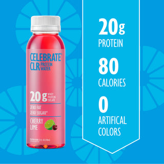 Protein shake bottle with nutritional information on a blue background