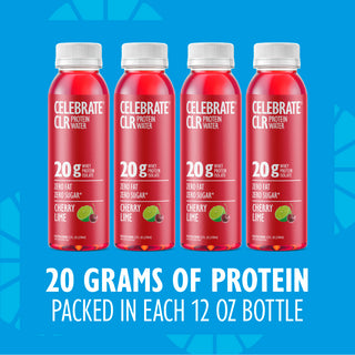 Four bottles of Celebrate CLR Protein Water on a blue background with text highlighting protein content.