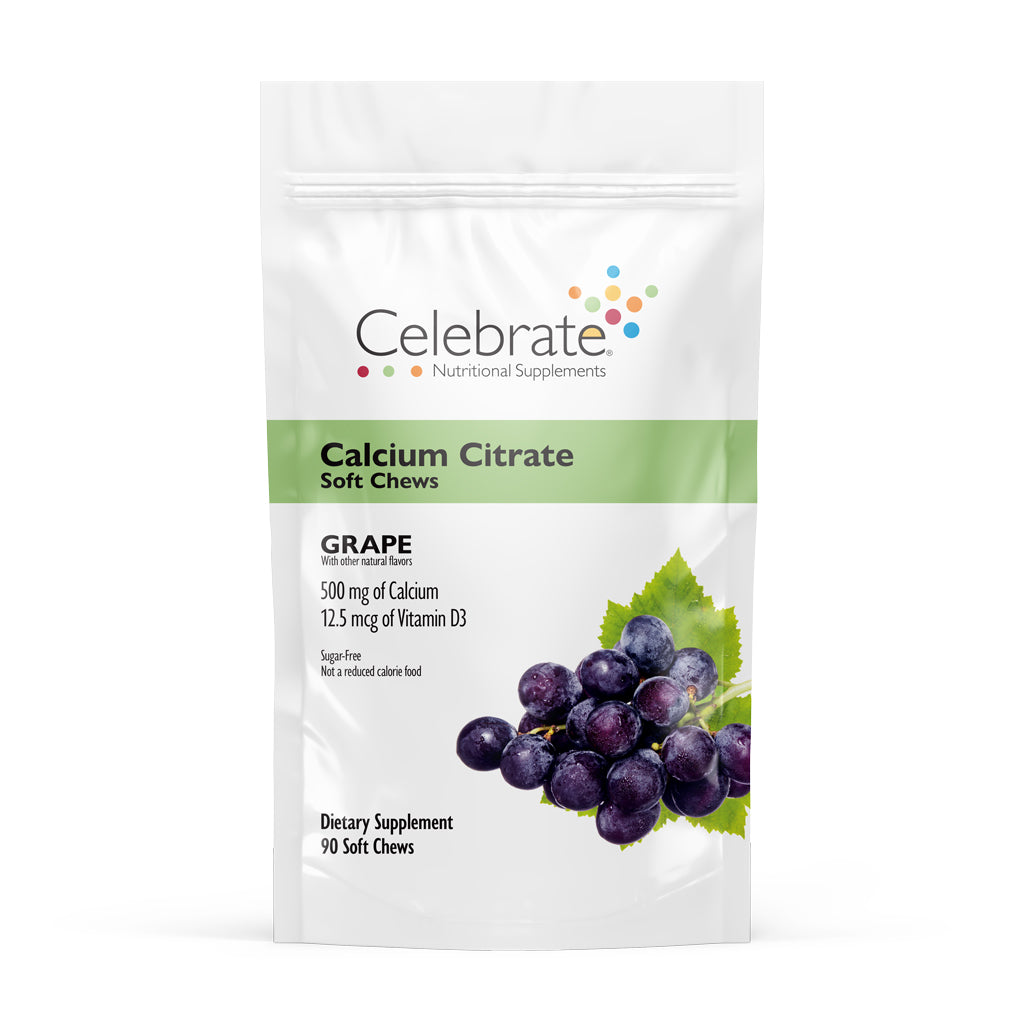 Photograph of Celebrate's calcium citrate soft chews in grape flavor in a 90 count bag