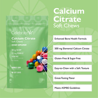 Package of Celebrate Calcium Citrate Soft Chews with product details on a green background