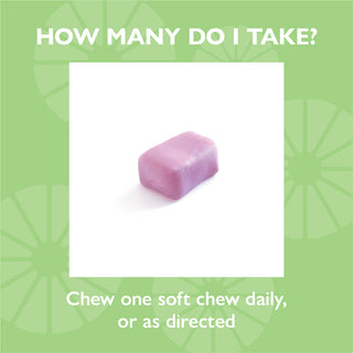 Pink soft chew on a white background with green border and text about dosage.