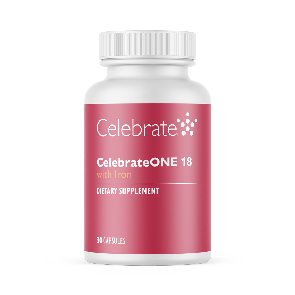 Bottle of CelebrateONE 18 Once Daily Bariatric Multivitamin with Iron Capsules, 18mg Iron, 30 count