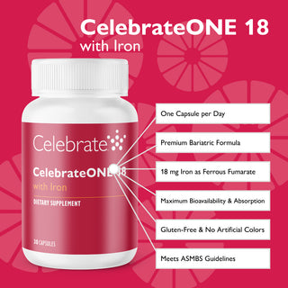 Features of CelebrateONE 18 Once Daily Bariatric Multivitamin with Iron Capsules, 18mg Iron, 30 count