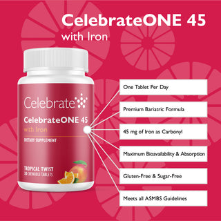 Product features of Celebrate One 45 chewable bariatric multivitamin with iron, tropical twist, 30 count