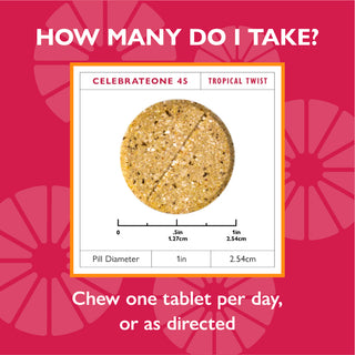 Dosage and tablet size of Celebrate One 45 chewable bariatric multivitamin with iron, tropical twist