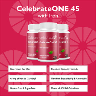 Product features of Celebrate One 45 chewable bariatric multivitamin with iron, midnight cherry, 90 count