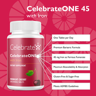 Product features of Celebrate One 45 chewable bariatric multivitamin with iron, midnight cherry