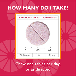 Dosage and tablet size of Celebrate One 45 chewable bariatric multivitamin with iron, midnight cherry