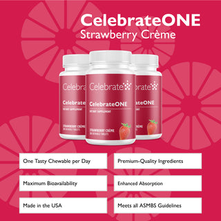 Celebrate Vitamins CelebrateOne Bariatric One a Day Multivitamin Chewable, Iron Free, Strawberry, 90 count - Bottle with key features on red background