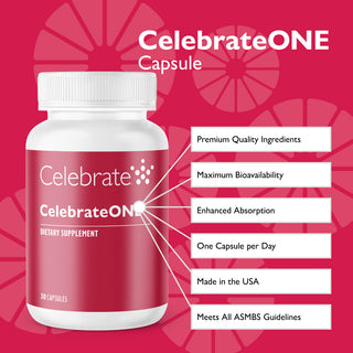 Celebrate Vitamins CelebrateOne Once Daily Bariatric Multivitamin Capsules, 30 count - bottle and key features on red background