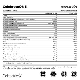 Celebrate Vitamins CelebrateOne Bariatric One a Day Multivitamin Chewable, Iron Free, Strawberry - 30 count supplement facts label