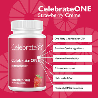 Celebrate Vitamins CelebrateOne Bariatric One a Day Multivitamin Chewable, Iron Free, Strawberry - 30 count bottle with key features on red background