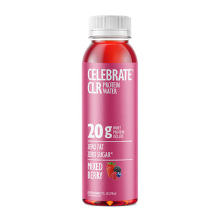 Celebrate CLR Protein Water bottle with red liquid on a white background