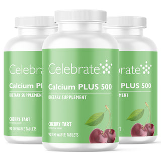 Picture of Celebrate's calcium citrate chewable tablets in cherry tart flavor in 3 90 count bottles