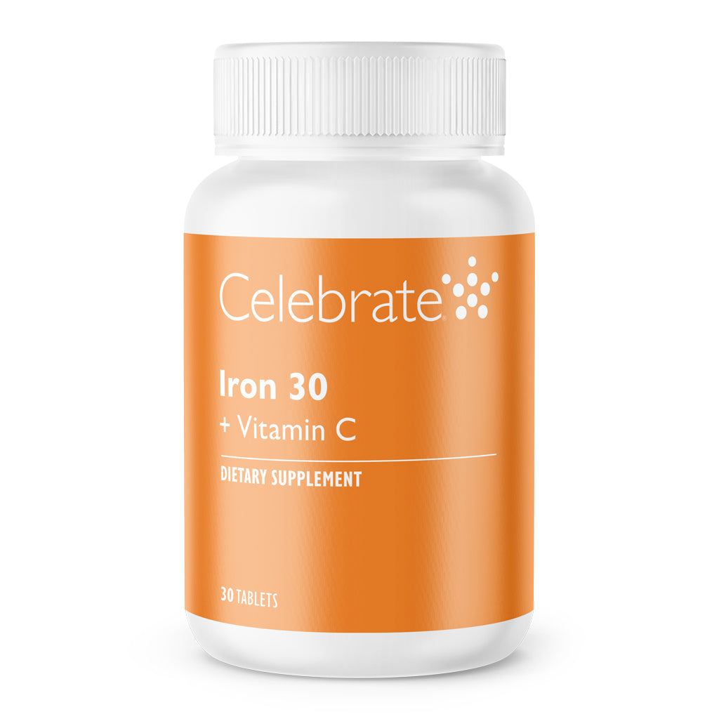 Celebrate Iron + C 30 mg non-chewable tablet, 30 count bottle on white background