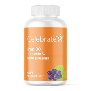 Celebrate Vitamins 30 mg iron chewable tablets, grape flavor, 90 count bottle on white background