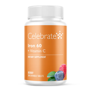 Celebrate 60 mg Iron & vitamin C chewable tablets, Berry, 30 count bottle on white background