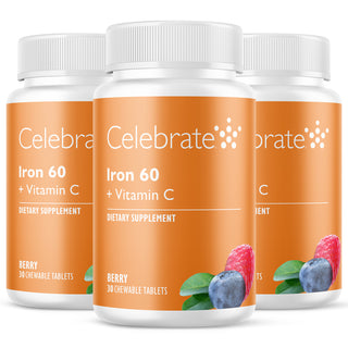 Celebrate Vitamin 60 mg Iron & Vitamin C chewable iron tablets in berry flavor, 90 count - Three 30 count bottles on white background