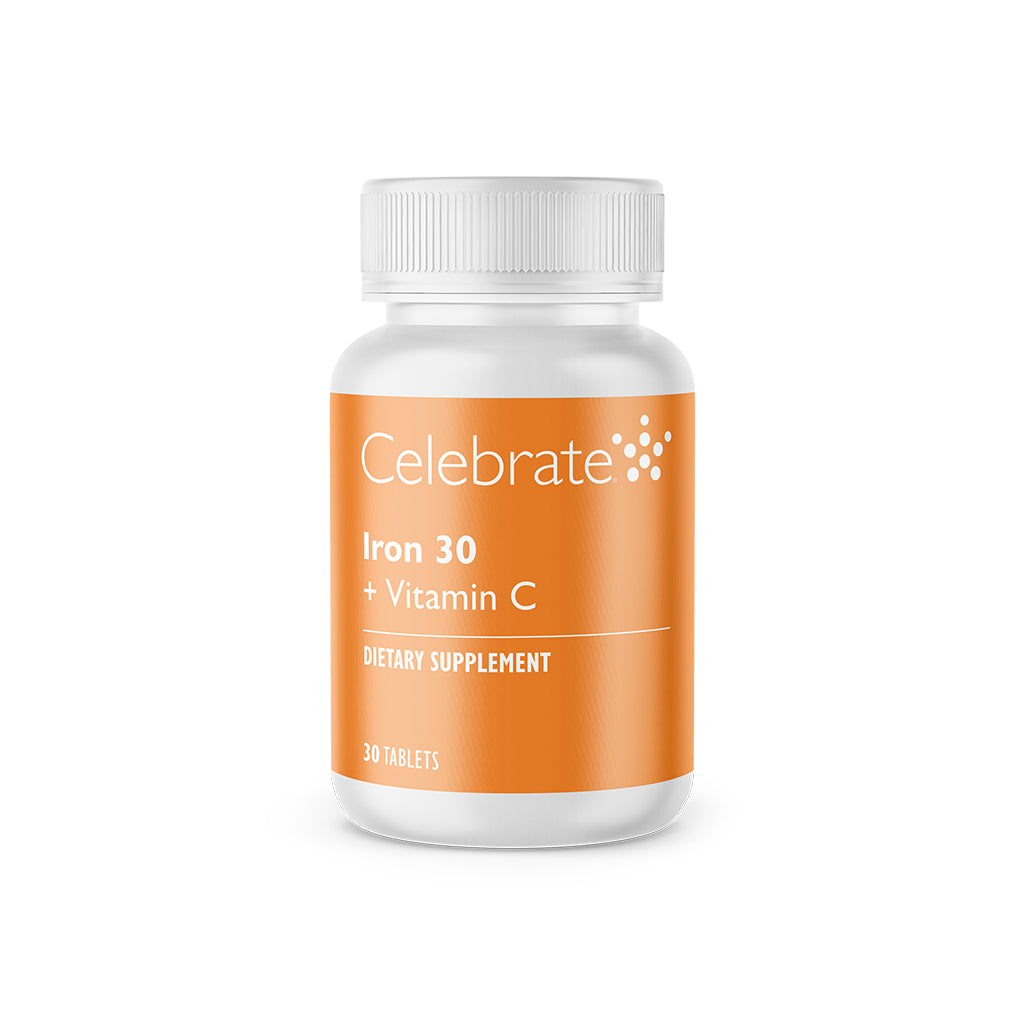 Celebrate Iron + C 30 mg non-chewable tablet, 30 count bottle on white background