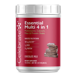 Image of Celebrate's Essential Multi 4 in 1 shake mix, a post bariatric surgery vitamin supplement, in a 14 serving tub - chocolate milk flavor