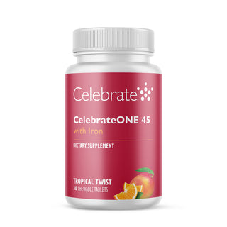 30 count bottle of Celebrate One 45 chewable bariatric multivitamin with iron, tropical twist