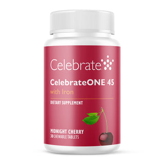 30 count bottle of Celebrate One 45 chewable bariatric multivitamin with iron, midnight cherry