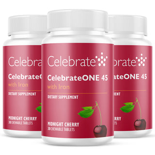 90 count bottle of Celebrate One 45 chewable bariatric multivitamin with iron, midnight cherry