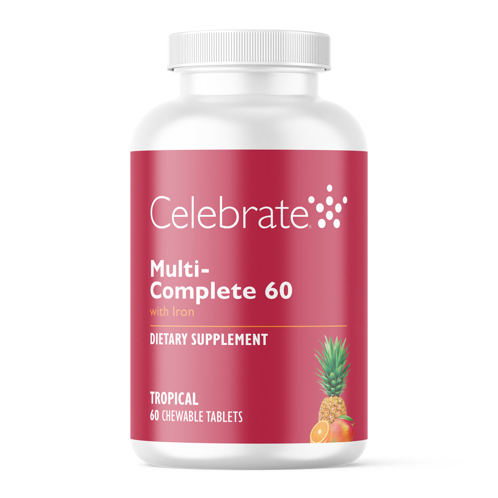 60 count bottle of Multi-Complete 60 bariatric multivitamin with iron, tropical