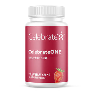 Celebrate Vitamins CelebrateOne Bariatric One a Day Multivitamin Chewable, Iron Free, Strawberry - 30 count bottle on white background