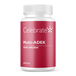 Supplement bottle labeled 'Multi-ADEK' by 'Celebrate' on a white background