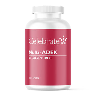 Supplement bottle labeled 'Celebrate Multi-ADEK' on a white background